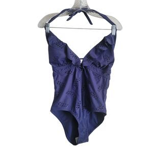 NEW Time & Tru One-Piece Bikini Swimsuit Women's Small Blye Halter Neck Ruffle